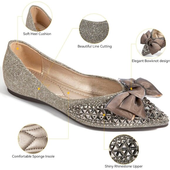 Zelaprox Women's Silver Leather Rhinestone Pointed Toe Bowknot Ballet Shoes - Picture 2 of 7